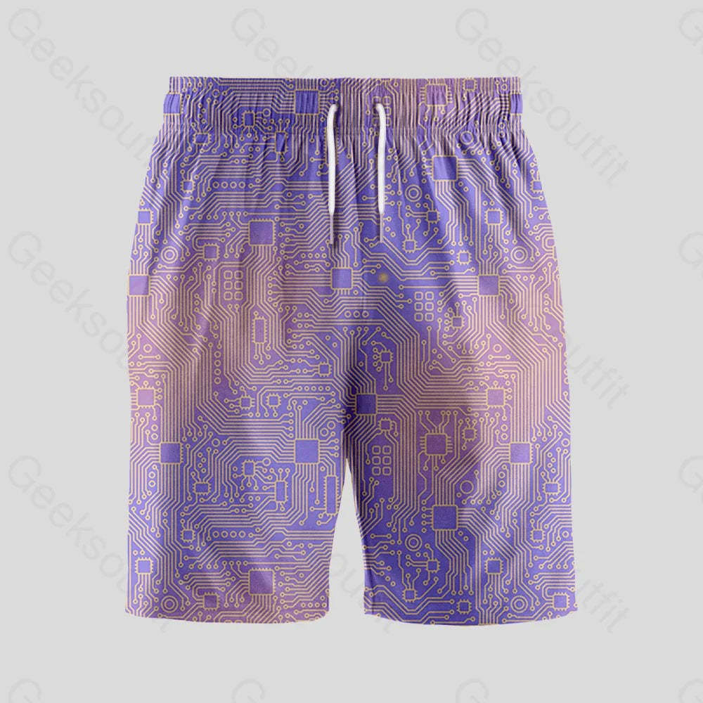 Computer Circuit Board Purple Geeky Drawstring Shorts - Geeksoutfit