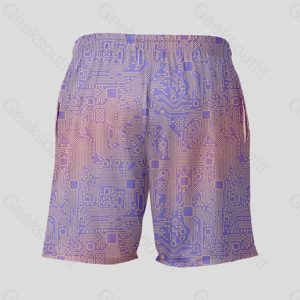 Computer Circuit Board Purple Geeky Drawstring Shorts - Geeksoutfit