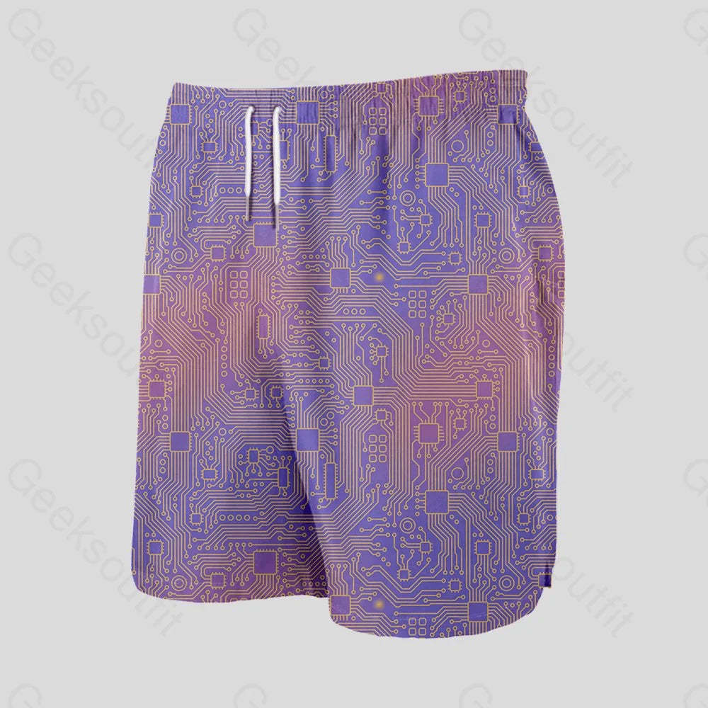 Computer Circuit Board Purple Geeky Drawstring Shorts - Geeksoutfit