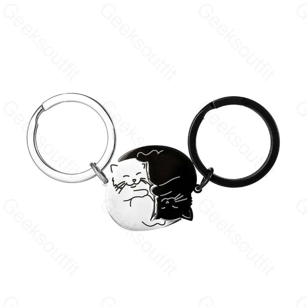 Creative Black And White Cartoon Cat Keychain Pair