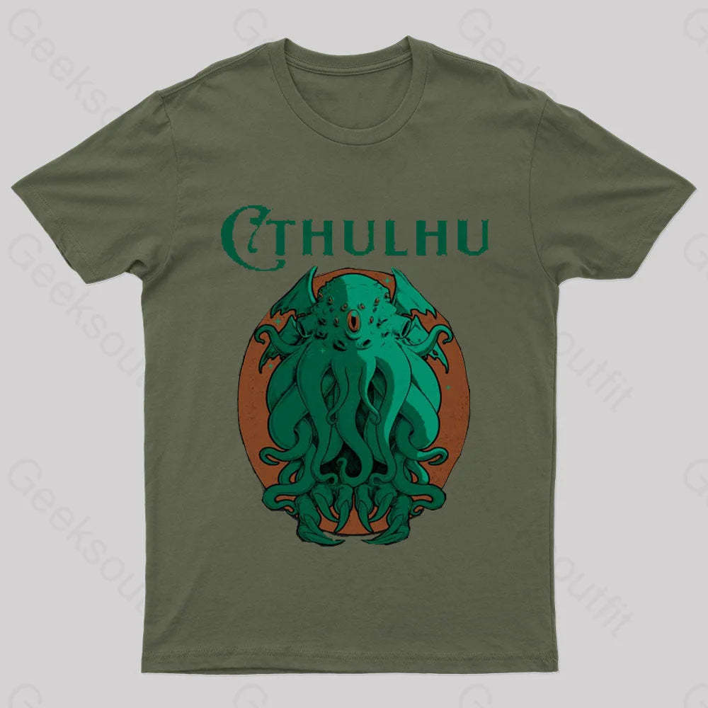 Cthulhu Magazine Nerd T-Shirt Army Green / S