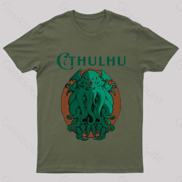 Cthulhu Magazine Nerd T-Shirt Army Green / S