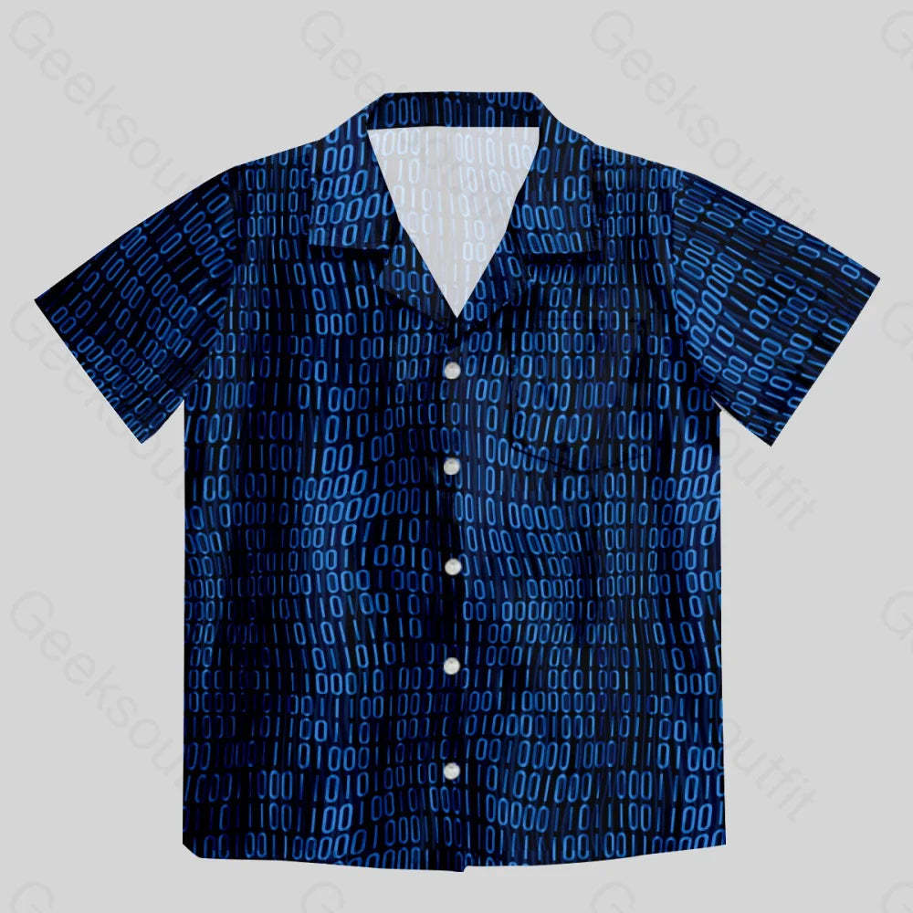 Curved Binary Computer 1s and 0s Blue Button Up Pocket Shirt - Geeksoutfit