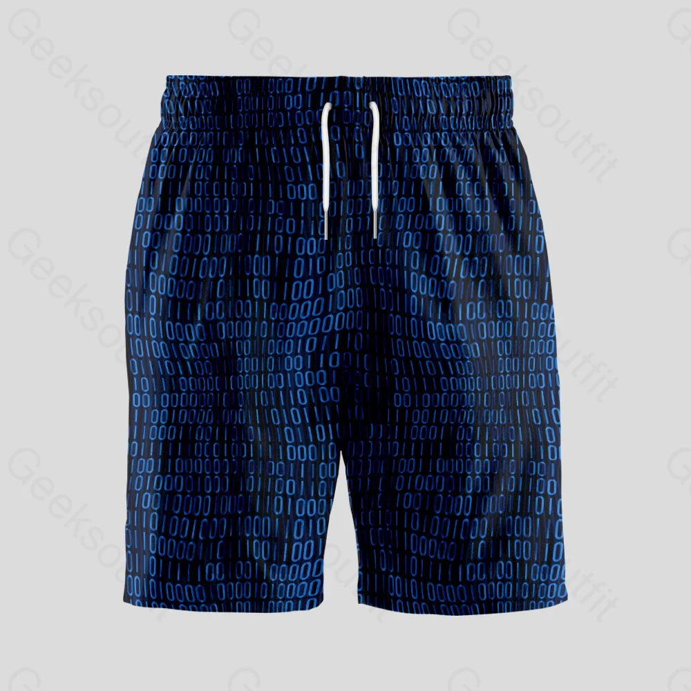 Curved Binary Computer 1s and 0s Blue Geeky Drawstring Shorts - Geeksoutfit
