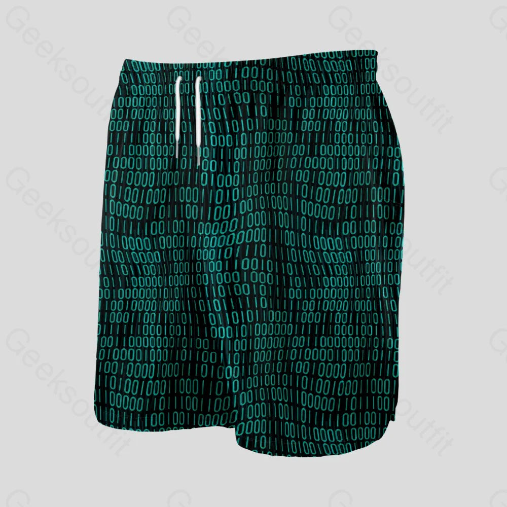 Curved Binary Computer 1s and 0s Dark Green Geeky Drawstring Shorts - Geeksoutfit