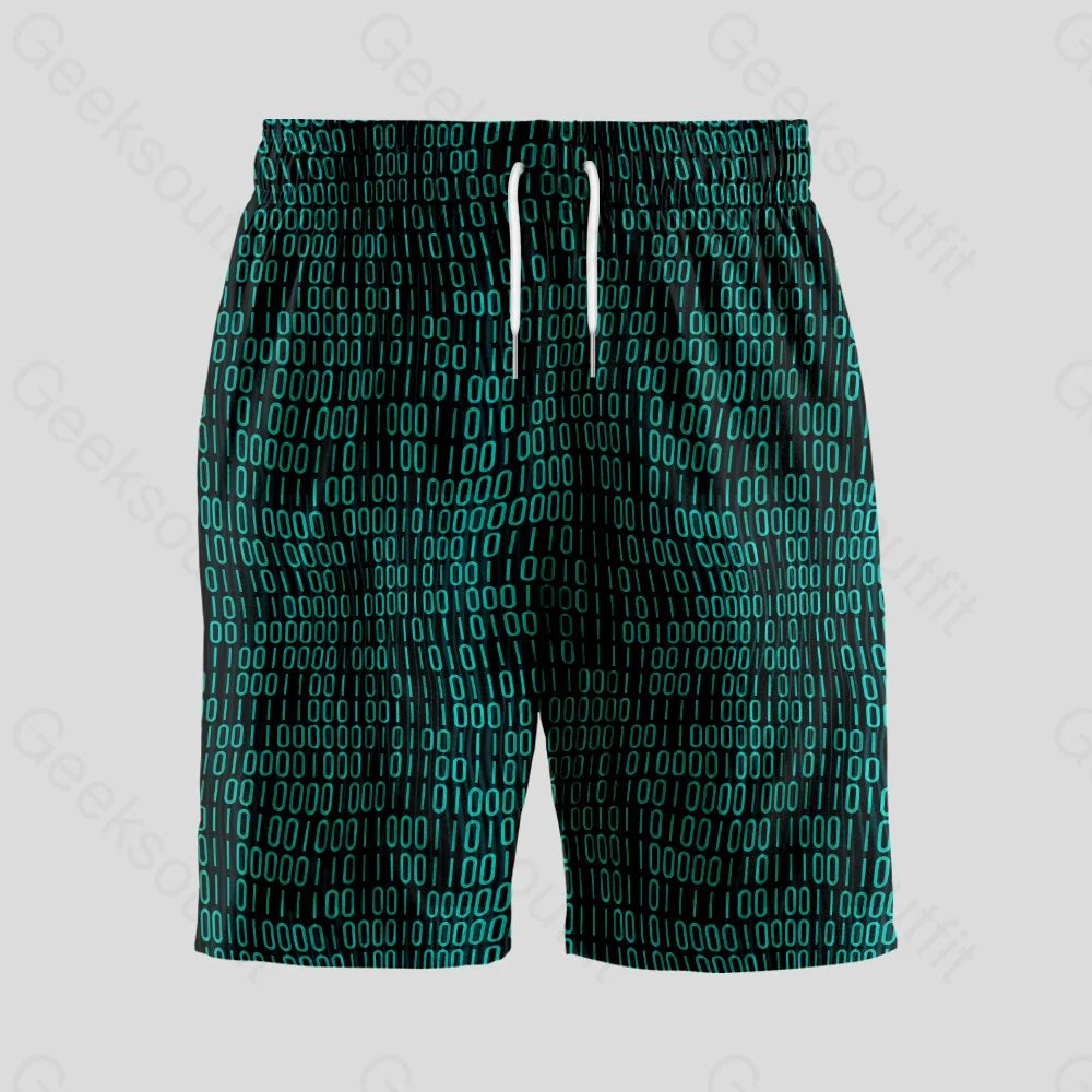 Curved Binary Computer 1s and 0s Dark Green Geeky Drawstring Shorts - Geeksoutfit