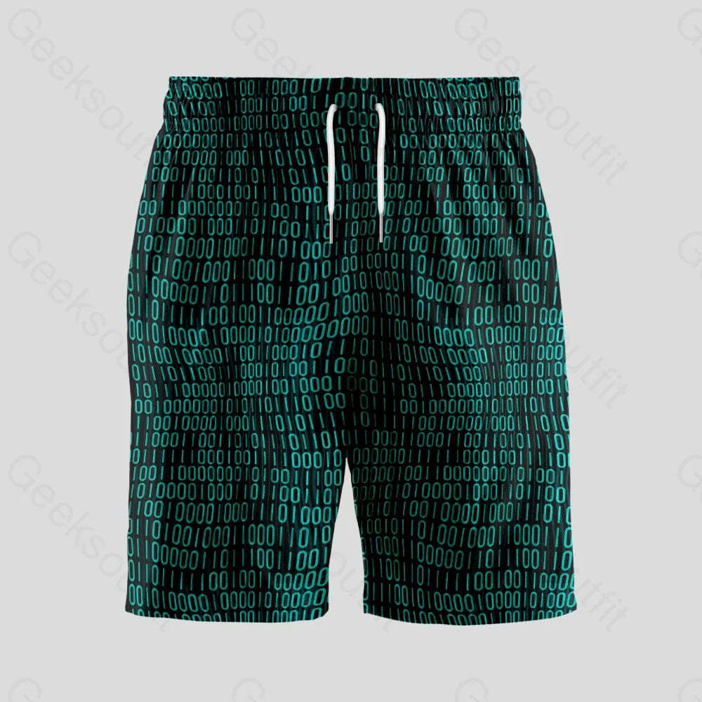 Curved Binary Computer 1s and 0s Dark Green Geeky Drawstring Shorts - Geeksoutfit