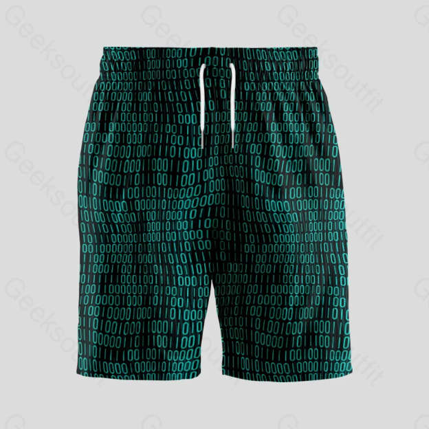 Curved Binary Computer 1s and 0s Dark Green Geeky Drawstring Shorts - Geeksoutfit