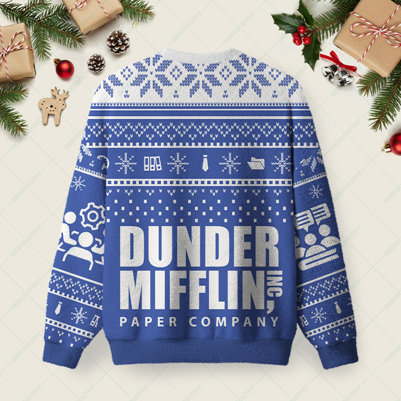 Dunder Mifflin Holiday Spirit Blue Ugly Christmas Fuzzy Fleece Sweatshirt