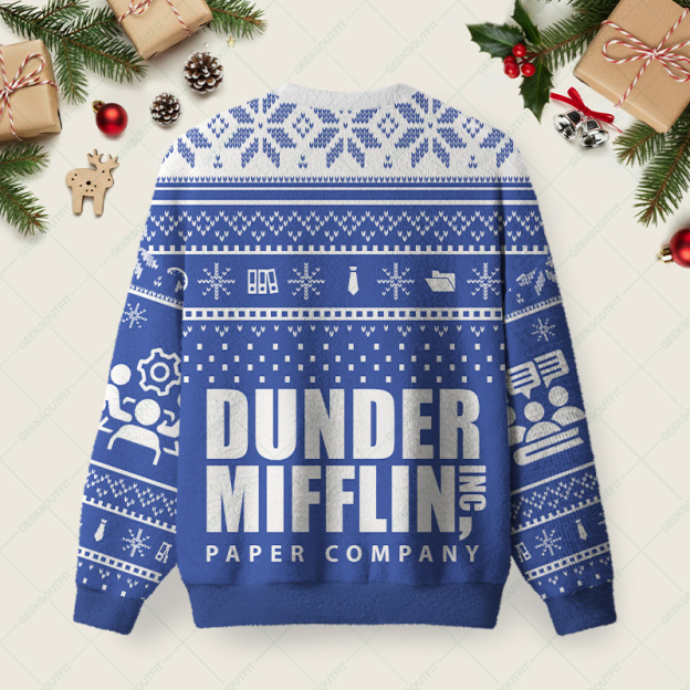 Dunder Mifflin Holiday Spirit Blue Ugly Christmas Fuzzy Fleece Sweatshirt