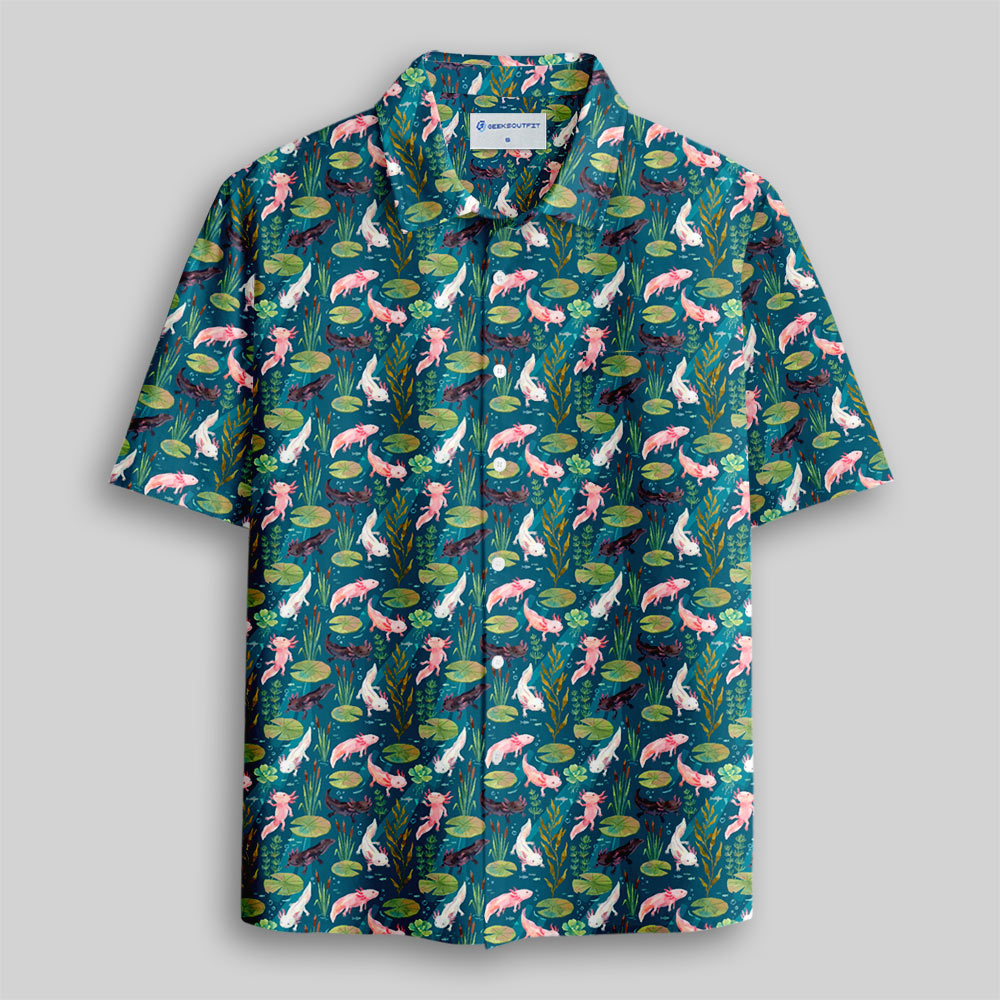 Deep Water Lily & Axolotl Botanical Button Up Pocket Shirt