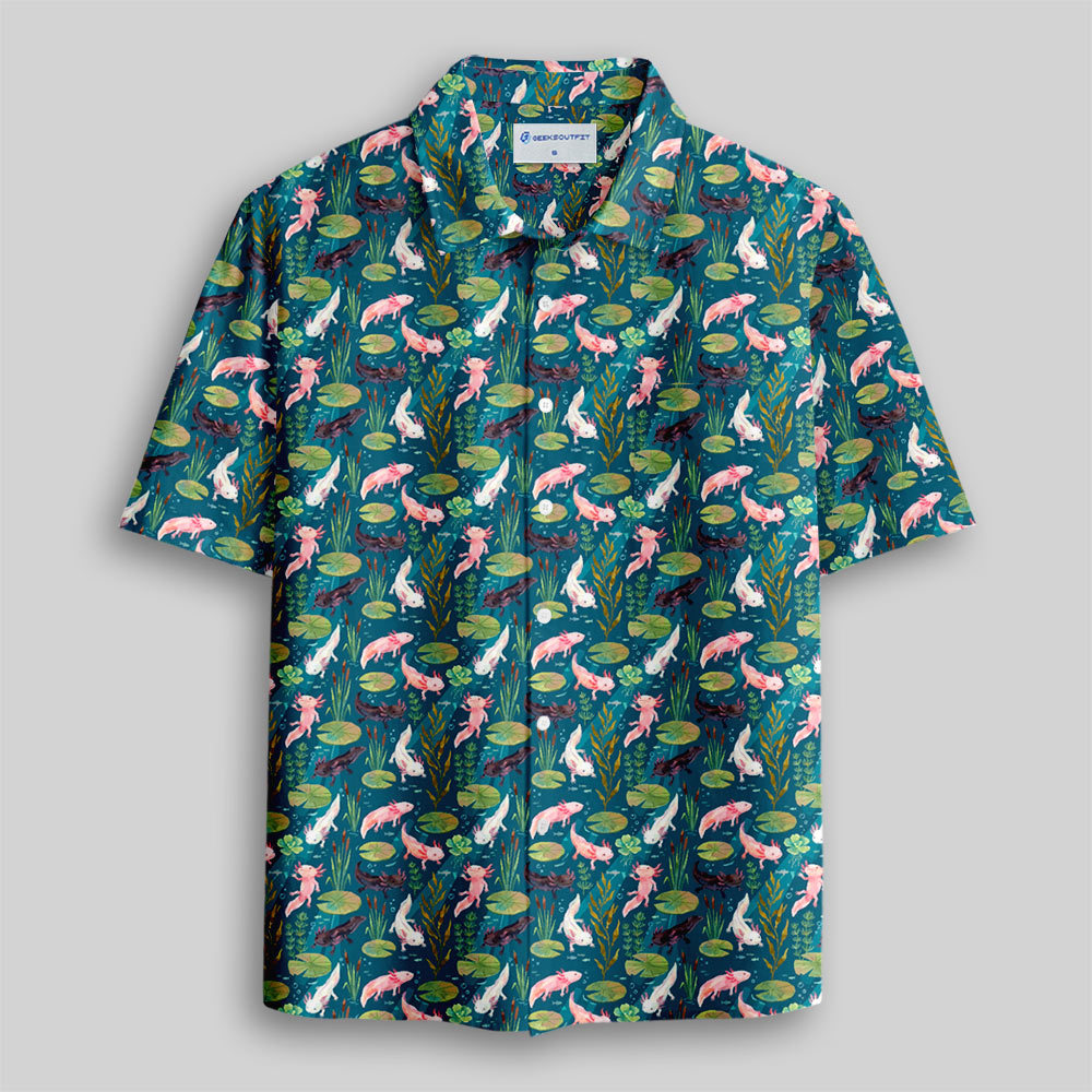 Deep Water Lily & Axolotl Botanical Button Up Pocket Shirt