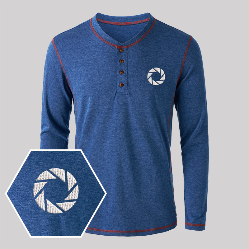Aperture Embroidered Long Sleeve Henley Shirts