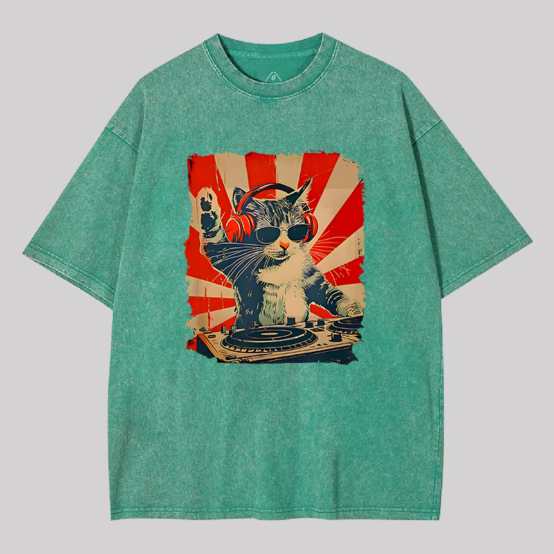 Rock Music Cat Vintage Geek Washed T-shirt