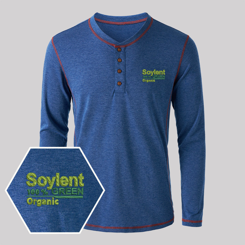 Soylent Green Geek Embroidered Long Sleeve Henley Shirts