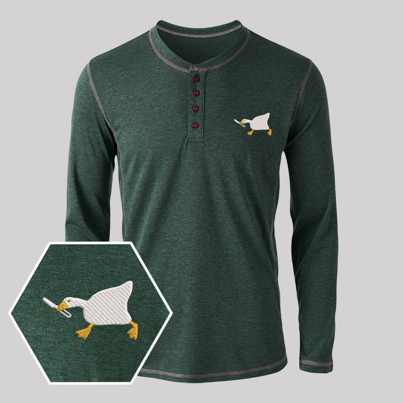 Knife Goose Geek Embroidered Long Sleeve Henley Shirts