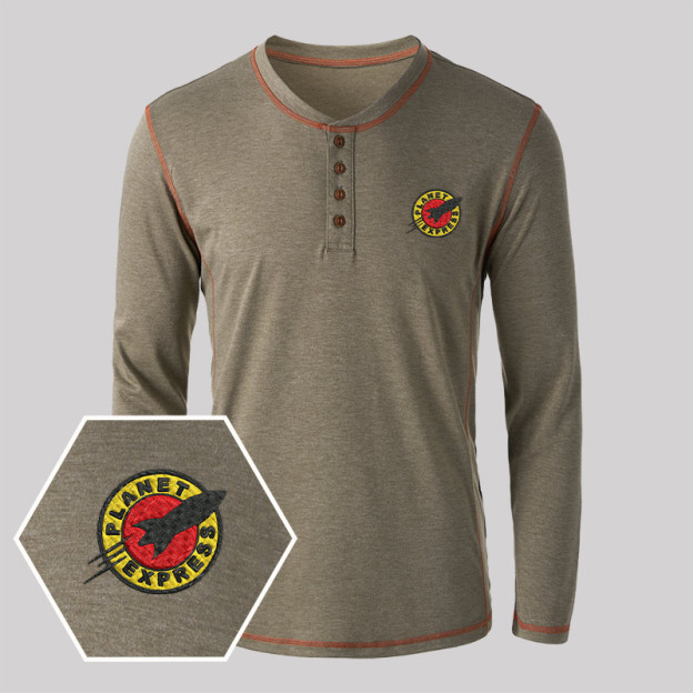 Planet Express Embroidered Long Sleeve Henley Shirts