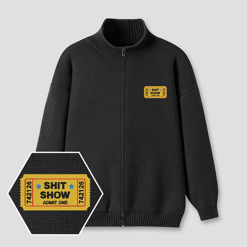 Shit Show Ticket Embroidered Full‑Zip Cardigan