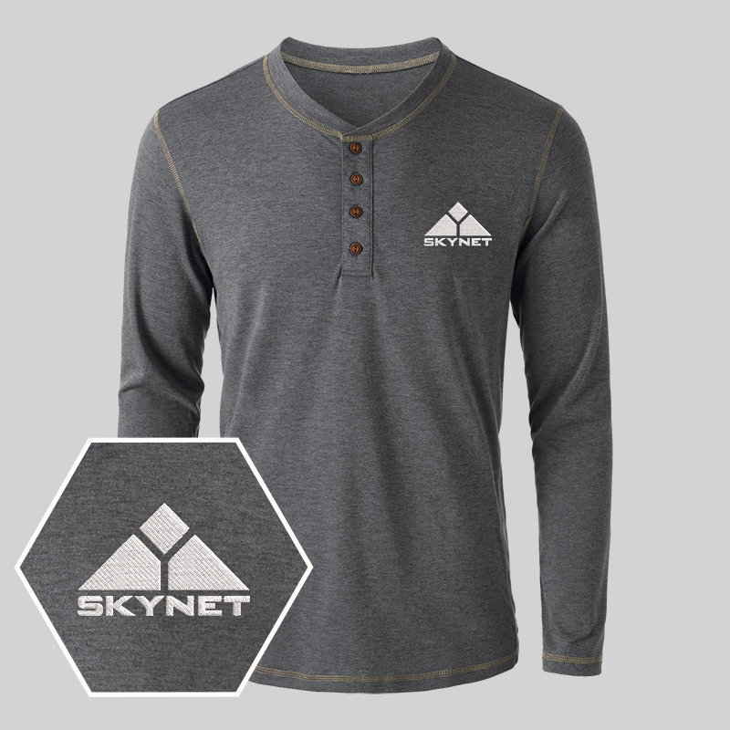 Skynet Embroidered Long Sleeve Henley Shirts