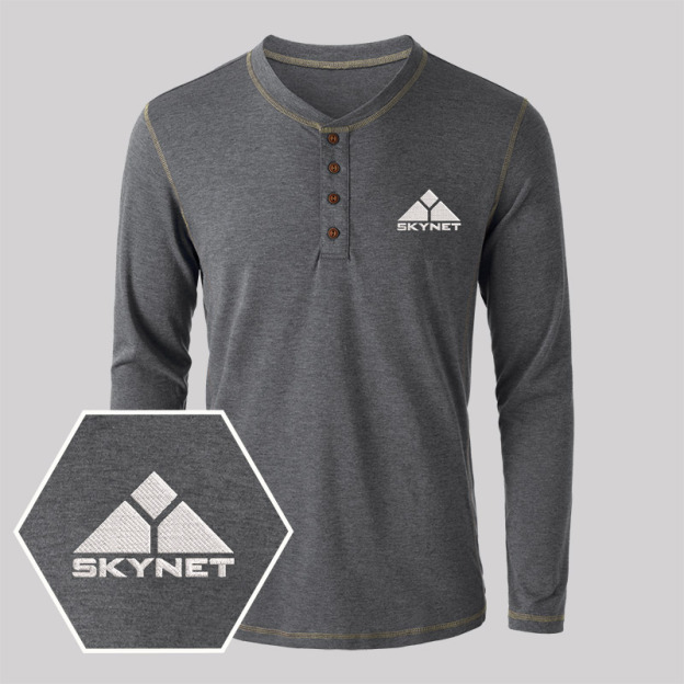 Skynet Embroidered Long Sleeve Henley Shirts