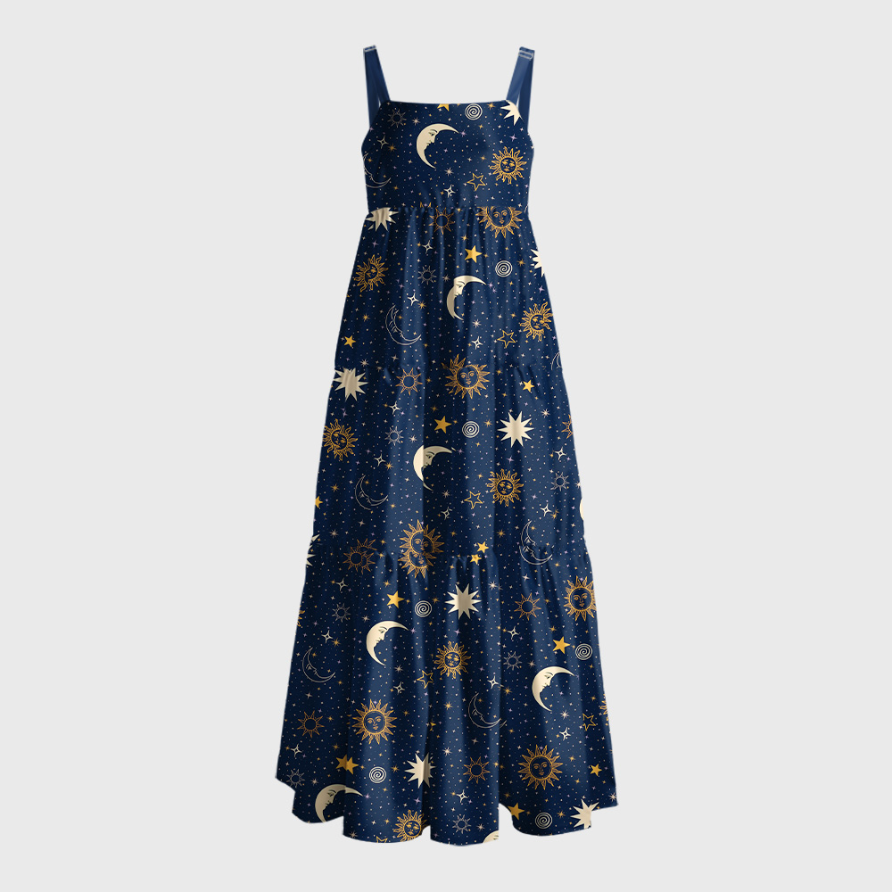 Face Sun & Crescent Moon Starry Night Geek Tiered Cami Maxi Dress