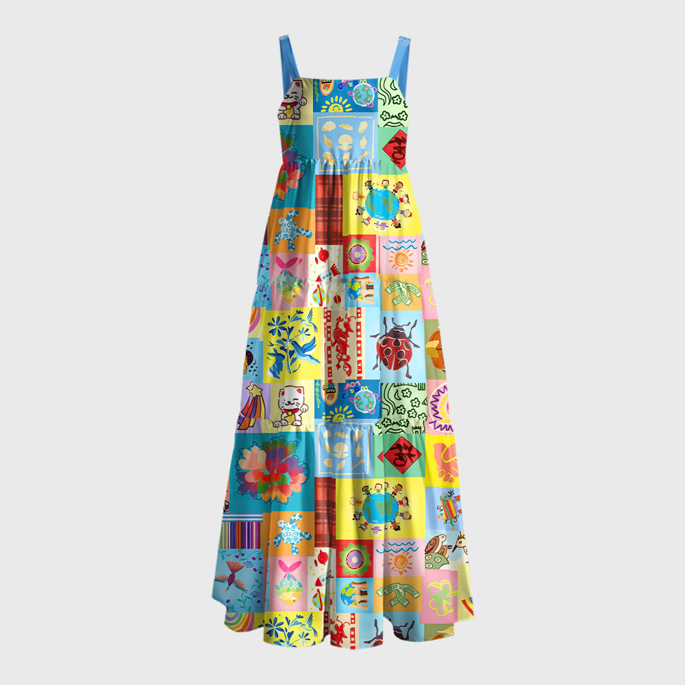 Global Folk Lucky Patchwork Collage Geek Tiered Cami Maxi Dress