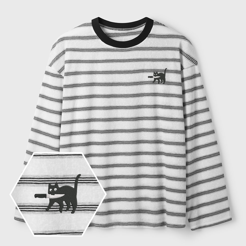 Samurai Cat Lycra Striped Embroidered Long-Sleeve Shirts