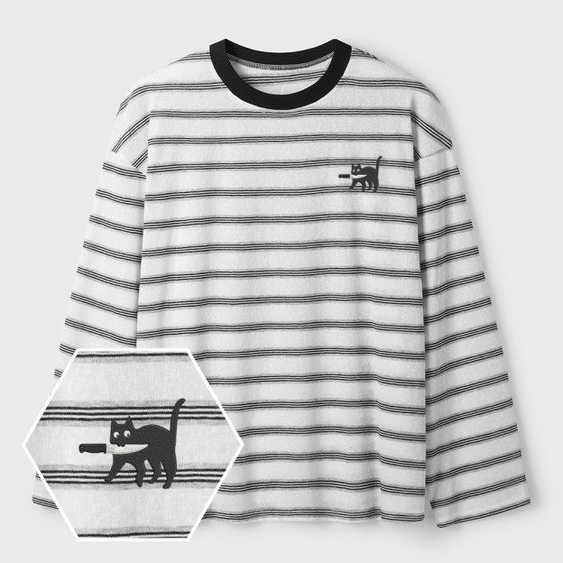 Samurai Cat Lycra Striped Embroidered Long-Sleeve Shirts