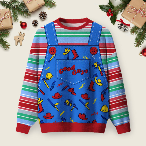Retro 80s Horror Movie Good Guys Overalls Pattern Ugly Christmas Fuzzy Fleece Sweatshirt
