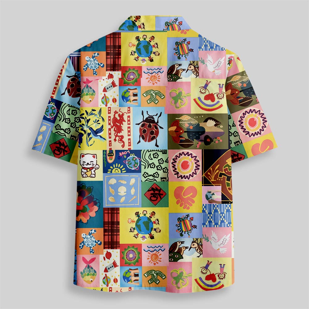 Global Folk Lucky Patchwork Collage Button Up Pocket Shirt