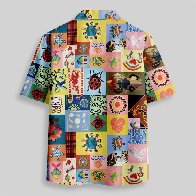 Global Folk Lucky Patchwork Collage Button Up Pocket Shirt