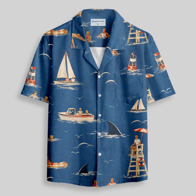 Dark Humor Retro Seaside Hidden Shark Button Up Pocket Shirt