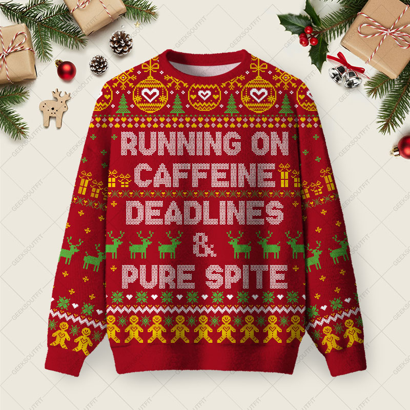 Running On Caffeine Ugly Christmas Fuzzy Fleece Sweatshirt