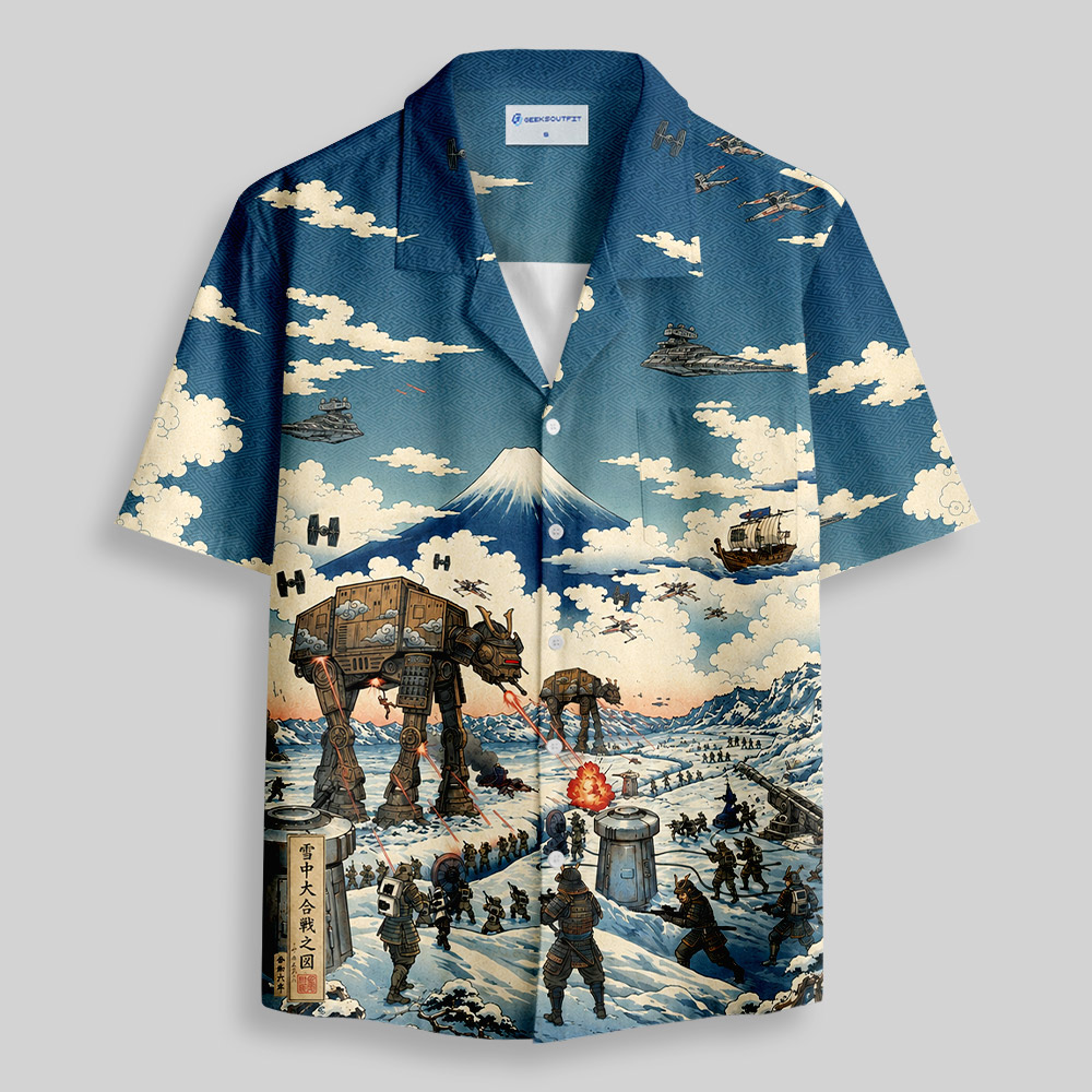 Vintage Ukiyo-e Style Galactic Ice Planet Battle Button Up Pocket Shirt
