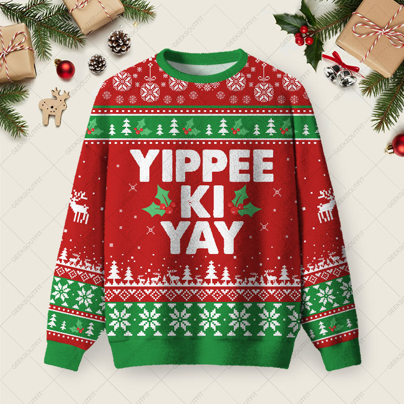 Geeksoutfit Yippee Ki Yay Ugly Christmas Fuzzy Fleece Sweatshirt for Sale