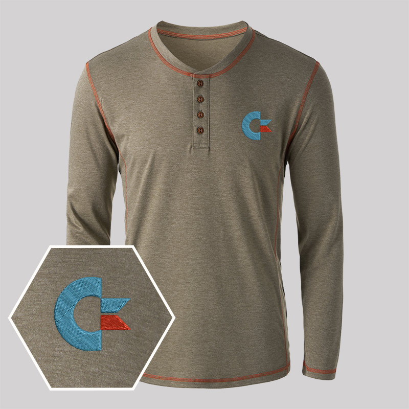 Commodore Geek Embroidered Long Sleeve Henley Shirts