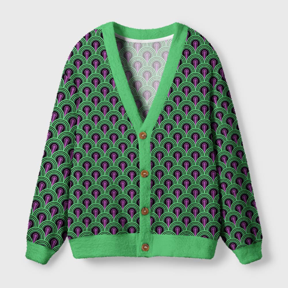 Green Purple Geometric Arch Graphic Geek Ugly Cardigan Sweaters