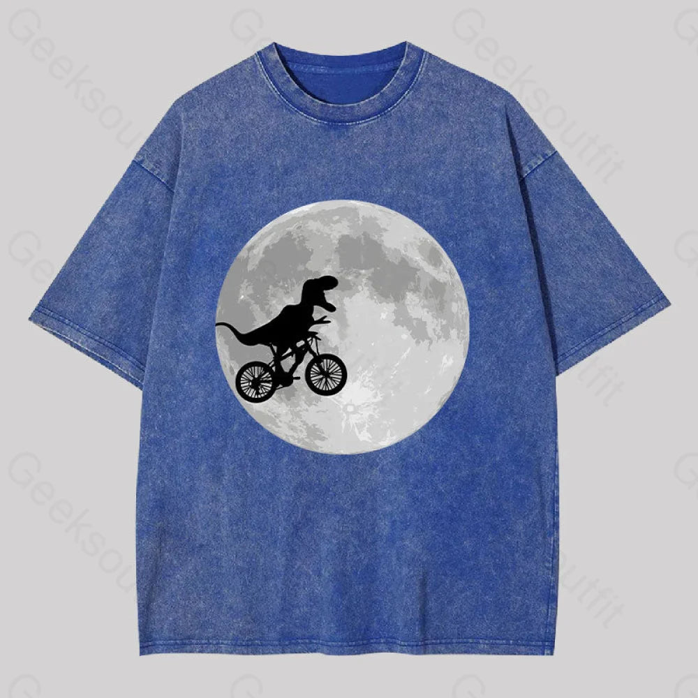 Dinosaur Bike And Moon Washed T-Shirt Blue / S