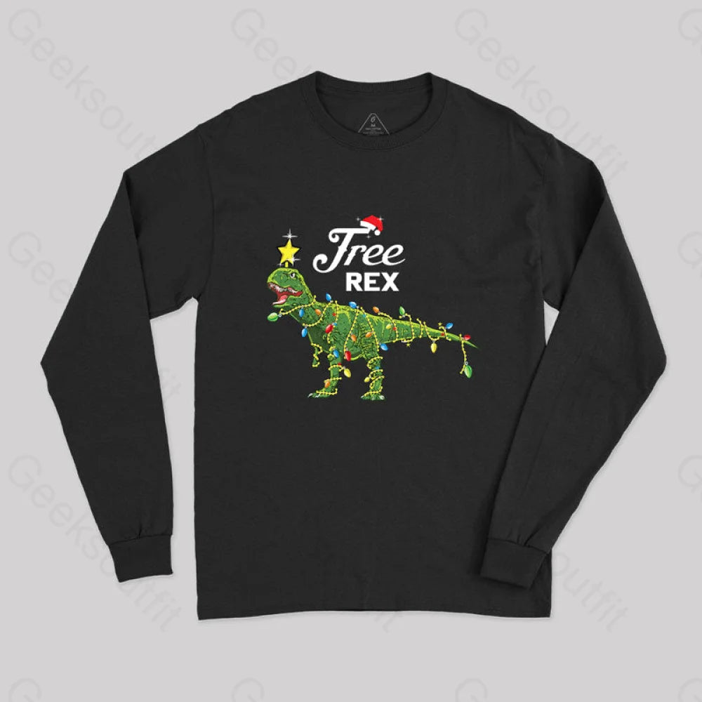 Dinosaur Christmas Tree Rex Geek Long Sleeve T-Shirt Black / S