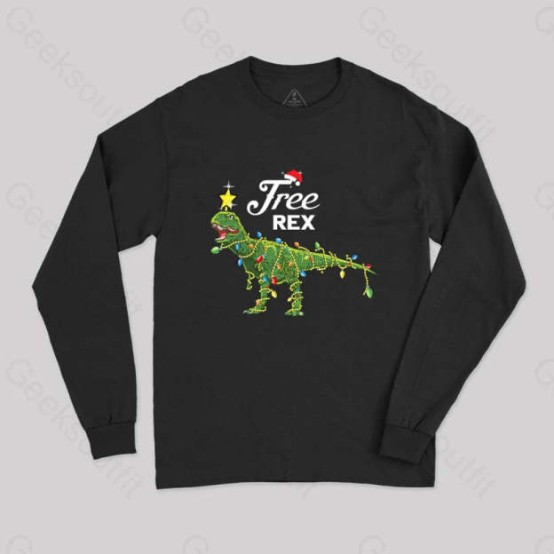 Dinosaur Christmas Tree Rex Geek Long Sleeve T-Shirt Black / S
