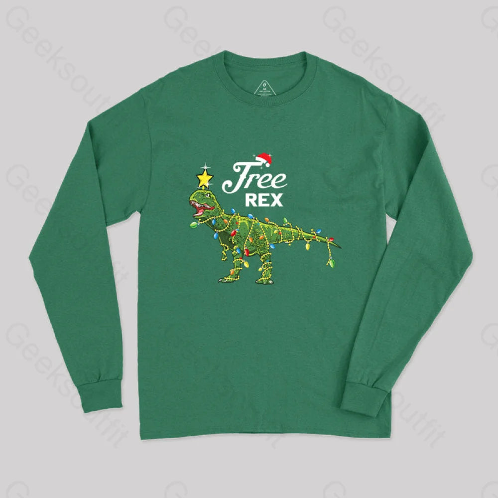 Dinosaur Christmas Tree Rex Geek Long Sleeve T-Shirt Green / S