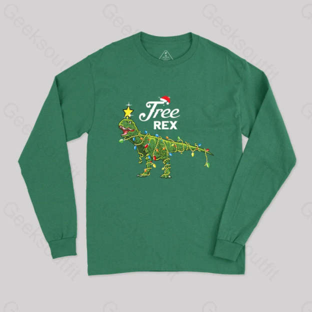 Dinosaur Christmas Tree Rex Geek Long Sleeve T-Shirt Green / S