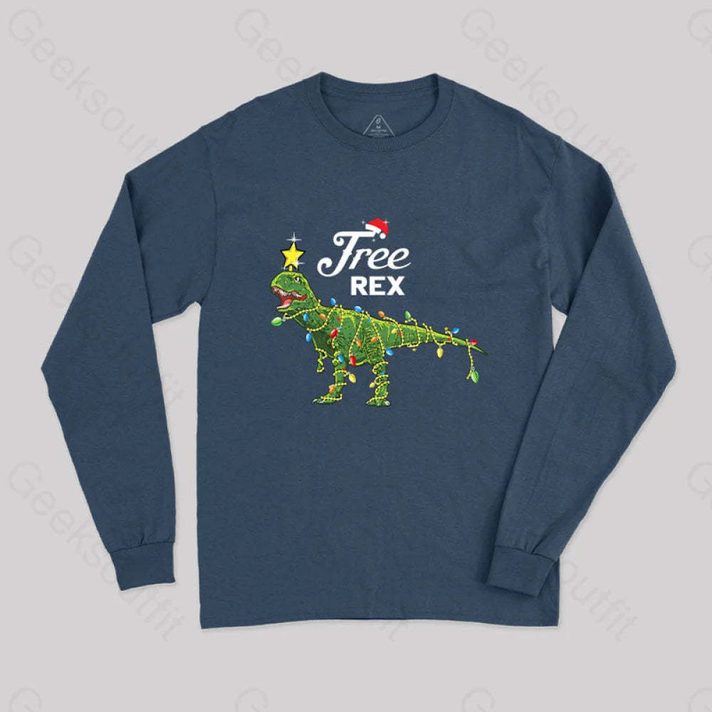 Dinosaur Christmas Tree Rex Geek Long Sleeve T-Shirt Navy / S