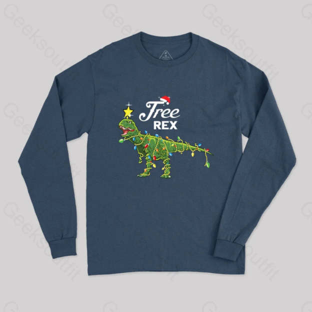 Dinosaur Christmas Tree Rex Geek Long Sleeve T-Shirt Navy / S