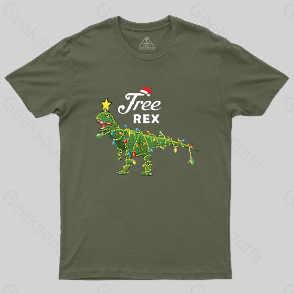 Dinosaur Christmas Tree Rex T-Shirt Army Green / S