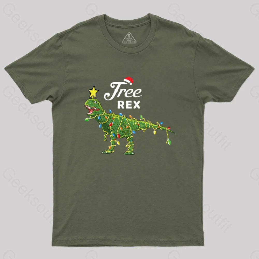 Dinosaur Christmas Tree Rex T-Shirt Army Green / S