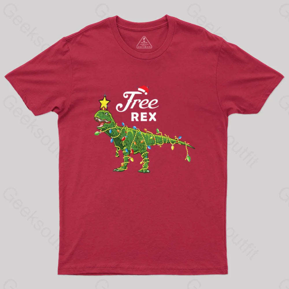 Dinosaur Christmas Tree Rex T-Shirt Red / S