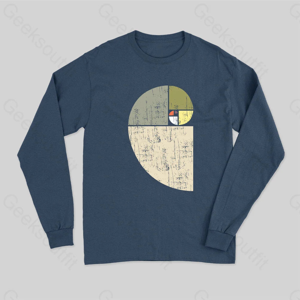 Distressed Fibonacci Spiral Geek Graphic Long Sleeve T-Shirt Navy / S