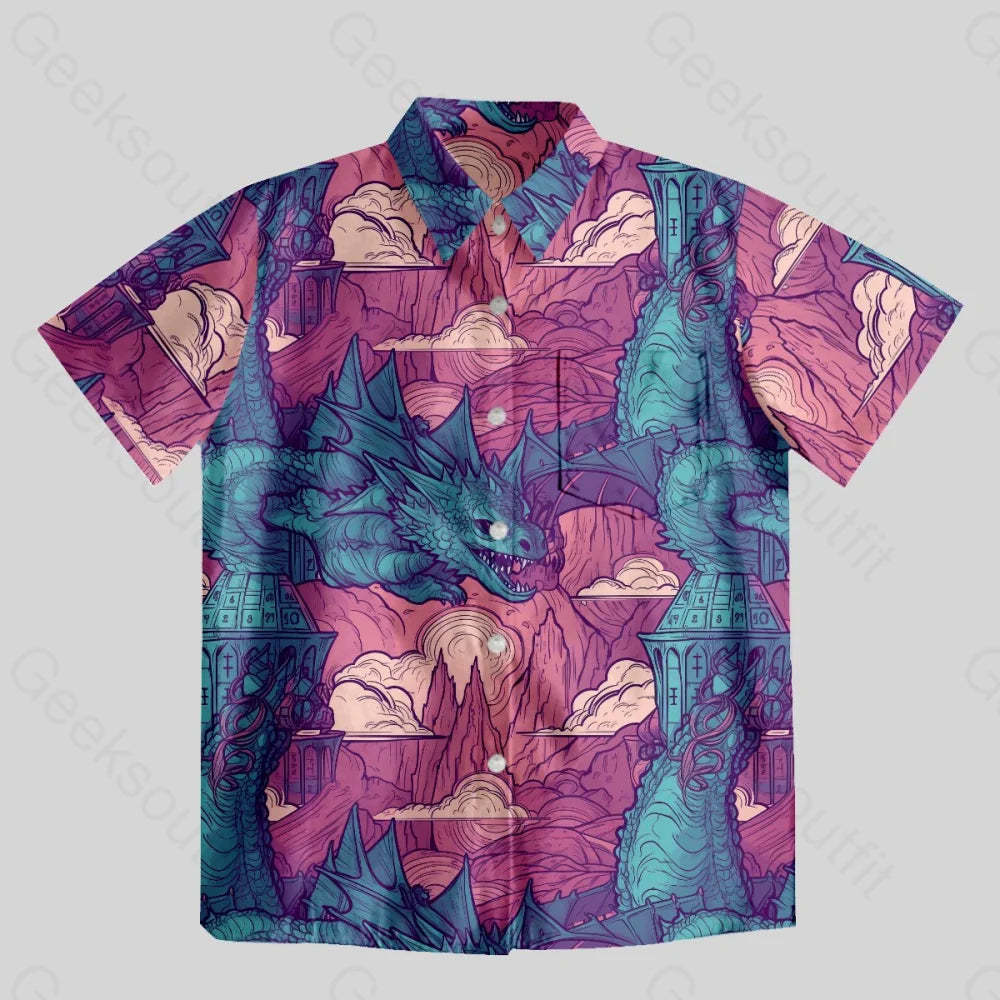 DND Dragon Pattern Button Up Pocket Shirt - Geeksoutfit