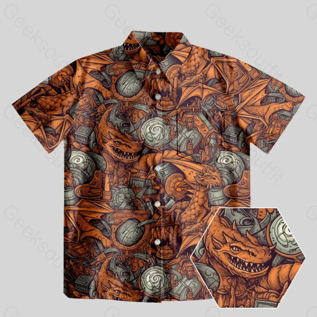 DND Dragon Vintage Pattern Button Up Pocket Shirt - Geeksoutfit